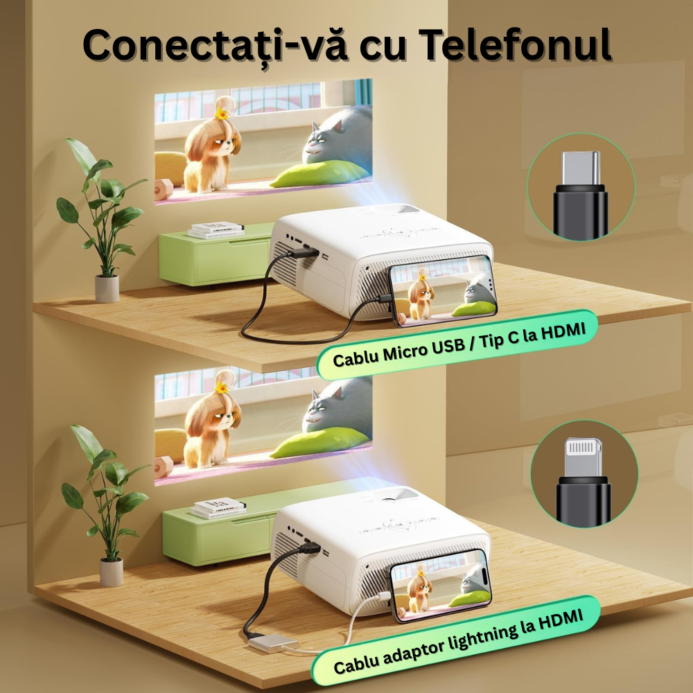 Videoproiector 1080P Full HD, Bluetooth 5.2, 18000 Lumeni, Suporta 4K, Rezolutie 1920 x 1080, LCD, LED, HDMI, AV, USB, Audio, MicroSD, Difuzoare Duble, Contrast 10.000:1, Portabil, Telecomanda Inclusa, Alb/Negru