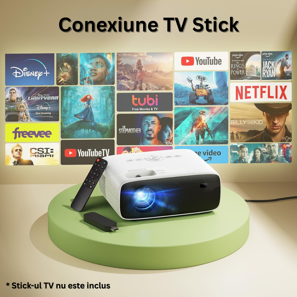 Videoproiector 1080P Full HD, Bluetooth 5.2, 18000 Lumeni, Suporta 4K, Rezolutie 1920 x 1080, LCD, LED, HDMI, AV, USB, Audio, MicroSD, Difuzoare Duble, Contrast 10.000:1, Portabil, Telecomanda Inclusa, Alb/Negru