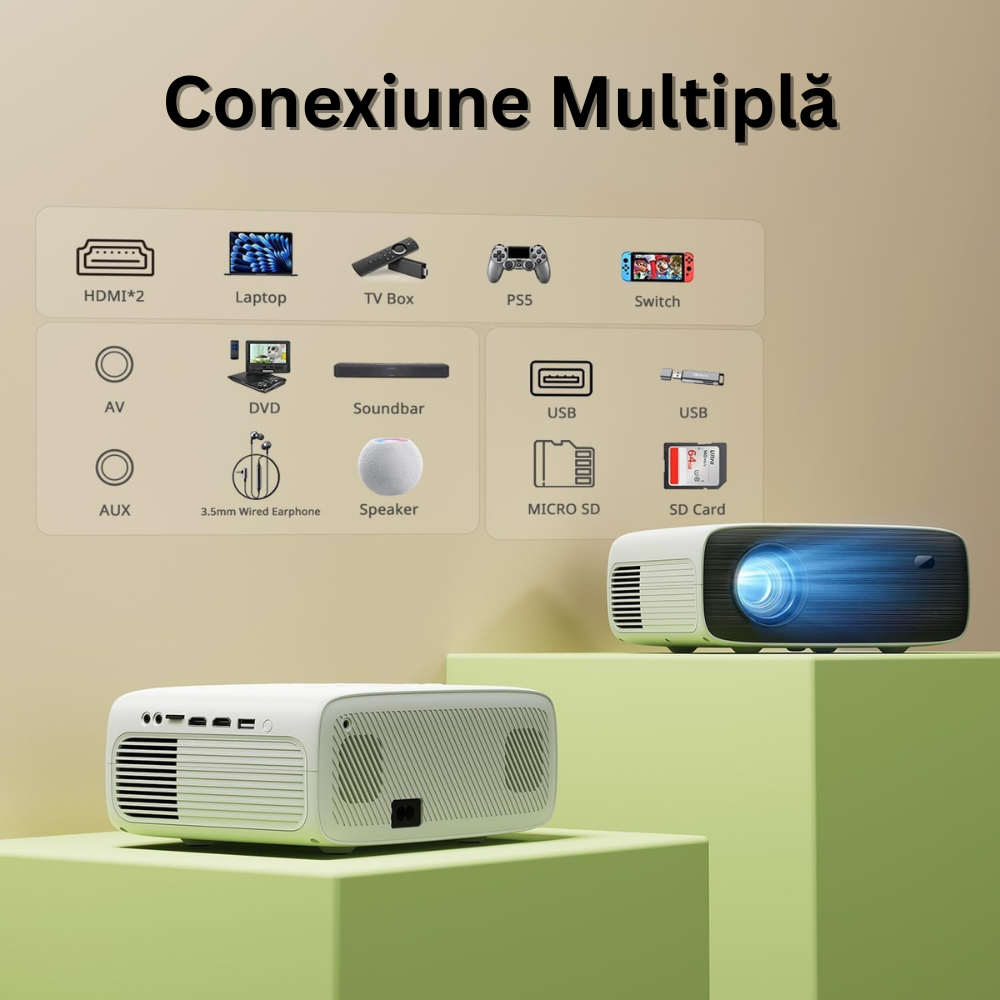 Videoproiector 1080P Full HD, Bluetooth 5.2, 18000 Lumeni, Suporta 4K, Rezolutie 1920 x 1080, LCD, LED, HDMI, AV, USB, Audio, MicroSD, Difuzoare Duble, Contrast 10.000:1, Portabil, Telecomanda Inclusa, Alb/Negru