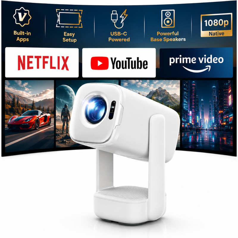 Videoproiector 1080P Full HD, WiFi 5G, Bluetooth 5.2, 20000 Lumeni, Audio Dolby, Focalizare Automata, Corectie Trapezoidala, Suport 4K, Rezolutie 1920 x 1080, LCD, LED, HDMI, AV, USB, Mirroring, Zoom, Contrast 15.000:1, Telecomanda, Suport, Alb