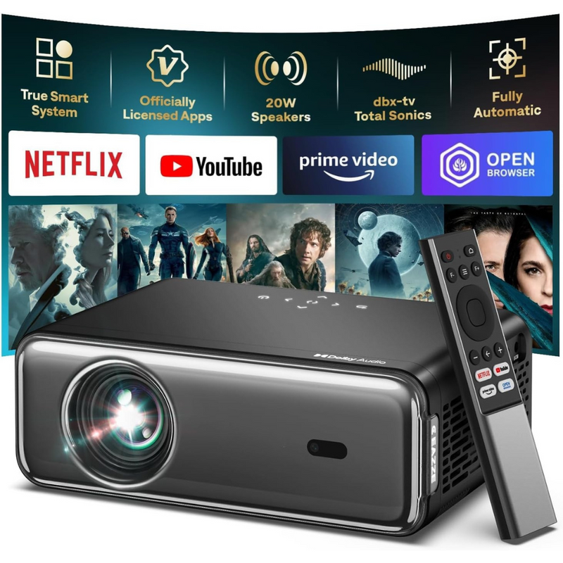 Videoproiector 1080P Full HD, WiFi 5G, Bluetooth 5.2, 27000 Lumeni, Audio Dolby, Total Sonics, Focalizare Automata AI, Corectie Trapezoidala, Suport 4K, Rezolutie 1920 x 1080, LCD, LED, HDMI, AV, USB, Mirroring, Zoom, Contrast 20.000:1, T