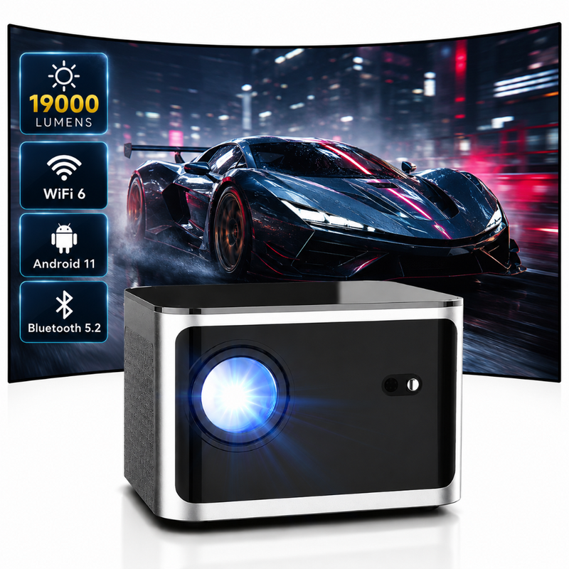 Videoproiector 1080P Full HD, WiFi 6, Bluetooth 5.2, 19000 Lumeni, Focalizare Automata, Corectie Trapezoidala, Suport 4K, Rezolutie 1920 x 1080, LCD, LED, HDMI, AV, USB, Mirroring, Zoom, Contrast 20.000:1, Telecomanda, Gri/Negru