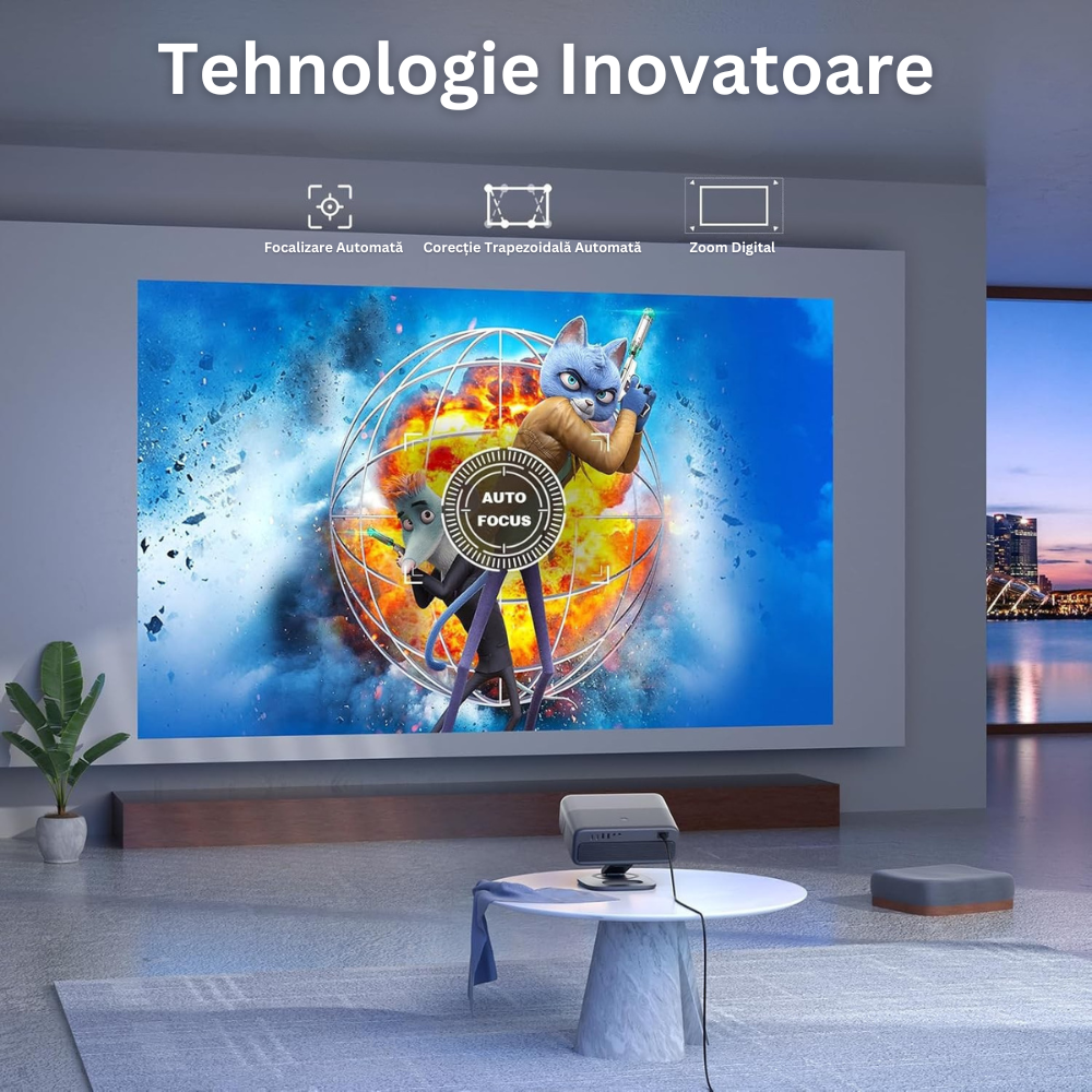 Videoproiector 1080P Full HD, WiFi 6, Bluetooth 5.2, 28000 Lumeni, Audio Dolby, Focalizare Automata, Corectie Trapezoidala, Suporta 4K, Rezolutie 1920 x 1080, LCD, LED, HDMI, AV, USB, Mirroring, Zoom, Contrast 20.000:1, Telecomanda, Suport