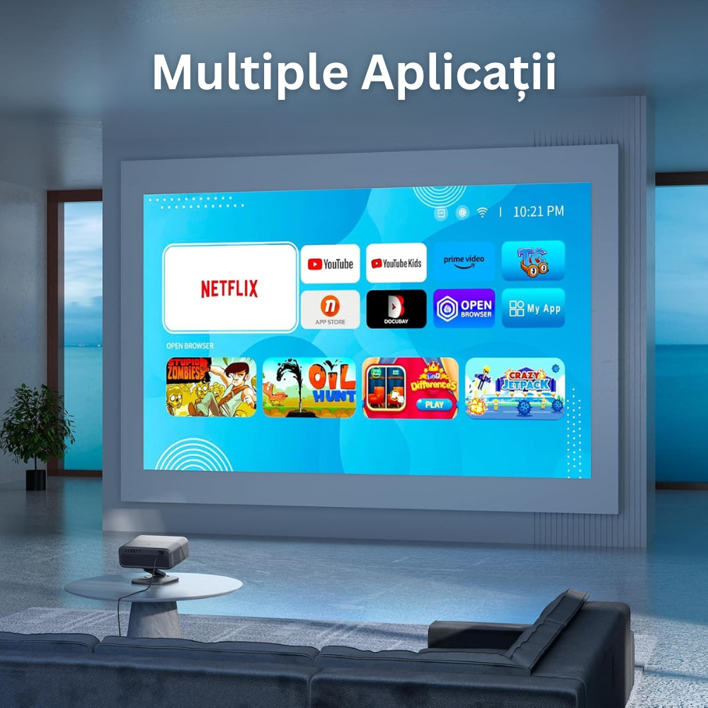 Videoproiector 1080P Full HD, WiFi 6, Bluetooth 5.2, 28000 Lumeni, Audio Dolby, Focalizare Automata, Corectie Trapezoidala, Suporta 4K, Rezolutie 1920 x 1080, LCD, LED, HDMI, AV, USB, Mirroring, Zoom, Contrast 20.000:1, Telecomanda, Suport