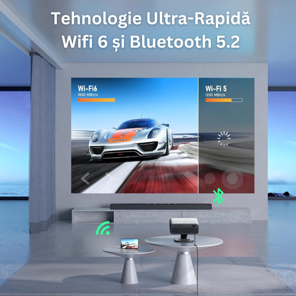 Videoproiector 1080P Full HD, WiFi 6, Bluetooth 5.2, 28000 Lumeni, Audio Dolby, Focalizare Automata, Corectie Trapezoidala, Suporta 4K, Rezolutie 1920 x 1080, LCD, LED, HDMI, AV, USB, Mirroring, Zoom, Contrast 20.000:1, Telecomanda, Suport