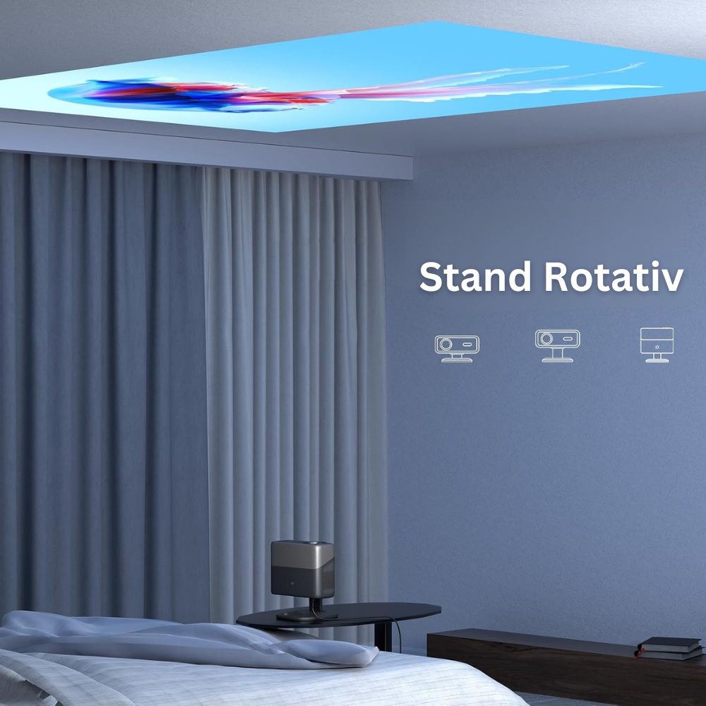 Videoproiector 1080P Full HD, WiFi 6, Bluetooth 5.2, 28000 Lumeni, Audio Dolby, Focalizare Automata, Corectie Trapezoidala, Suporta 4K, Rezolutie 1920 x 1080, LCD, LED, HDMI, AV, USB, Mirroring, Zoom, Contrast 20.000:1, Telecomanda, Suport