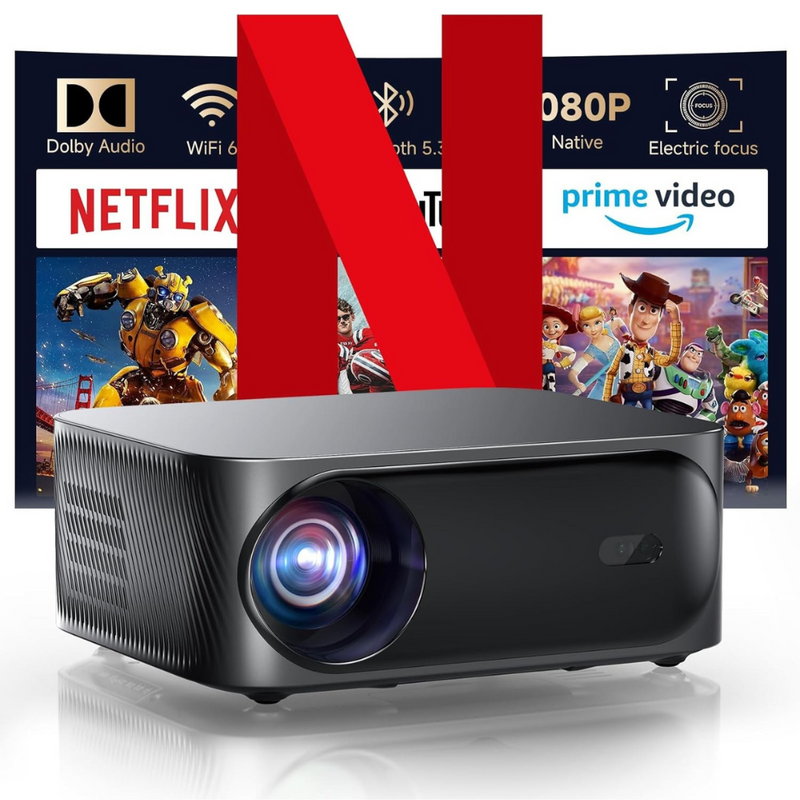 Videoproiector 1080P Full HD, WiFi 6, Bluetooth 5.3, 25000 Lumeni, Audio Dolby, Suporta 4K, Rezolutie 1920 x 1080, LCD, LED, HDMI, AV, USB, Mirroring, Zoom, Corectie Trapezoidala 4D/4P, Focalizare Electrica, Contrast 20.000:1, Telecomanda, Negru
