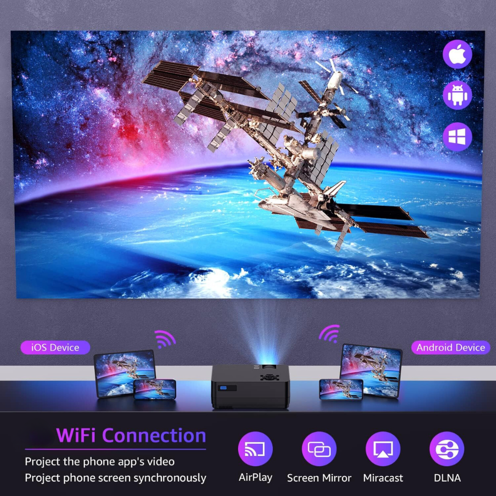 Videoproiector 1080P Full HD, WiFi, Bluetooth, 12000 Lumeni, Suporta 4K, Rezolutie 1920 x 1080, LCD, LED, HDMI, AV, USB, Audio, Mirroring, Difuzor Incorporat, Contrast 10.000:1, Telecomanda, Geanta de Transport, Ecran de Proiectie 100 inch Inclus, Negru