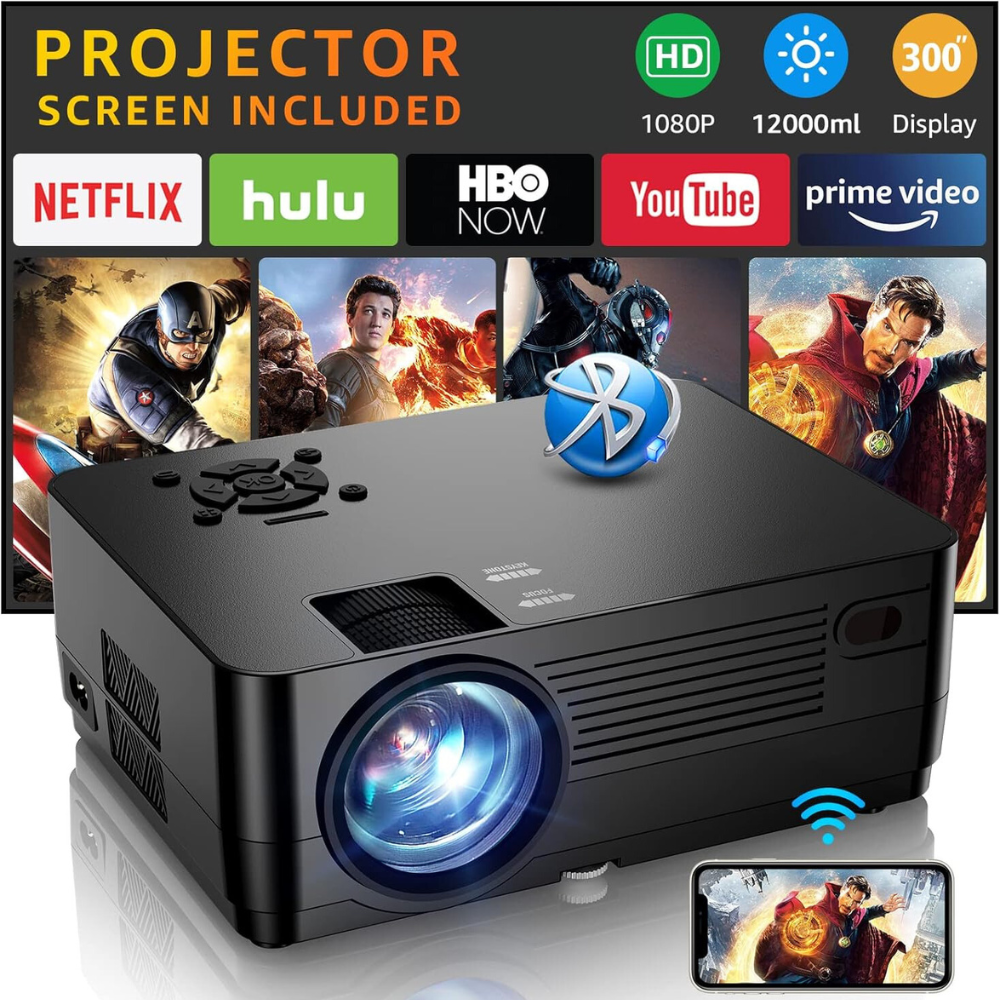 Videoproiector 1080P Full HD, WiFi, Bluetooth, 12000 Lumeni, Suporta 4K, Rezolutie 1920 x 1080, LCD, LED, HDMI, AV, USB, Audio, Mirroring, Difuzor Incorporat, Contrast 10.000:1, Telecomanda, Geanta de Transport, Ecran de Proiectie 100 inch Inclus, Negru