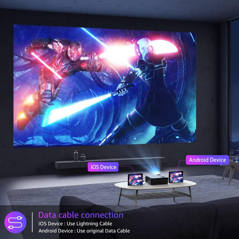 Videoproiector 1080P Full HD, WiFi, Bluetooth, 12000 Lumeni, Suporta 4K, Rezolutie 1920 x 1080, LCD, LED, HDMI, AV, USB, Audio, Mirroring, Difuzor Incorporat, Contrast 10.000:1, Telecomanda, Geanta de Transport, Ecran de Proiectie 100 inch Inclus, Negru