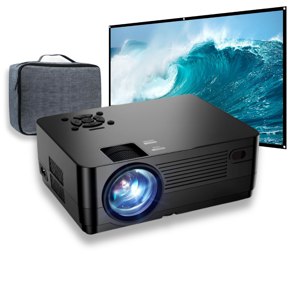 Videoproiector 1080P Full HD, WiFi, Bluetooth, 12000 Lumeni, Suporta 4K, Rezolutie 1920 x 1080, LCD, LED, HDMI, AV, USB, Audio, Mirroring, Difuzor Incorporat, Contrast 10.000:1, Telecomanda, Geanta de Transport, Ecran de Proiectie 100 inch Inclus, Negru
