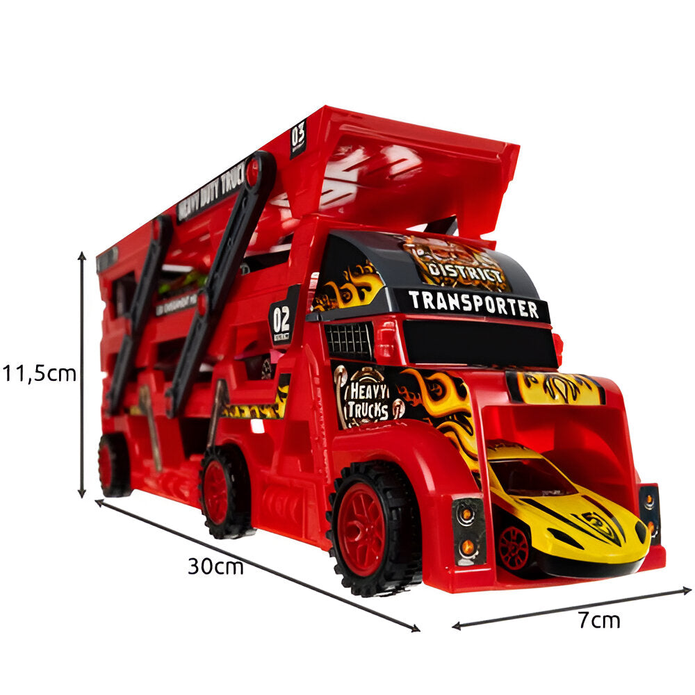 Set Camion Trailer pentru Transport Masinute de Curse, Tir si 6 Masini, Platforma cu 3 Nivele, Lansator, Roti Mobile, Jucarie Interactiva, pentru Copii, Baieti si Fete, + 3 ani, 30 x 11.5 x 7 cm, Multicolor