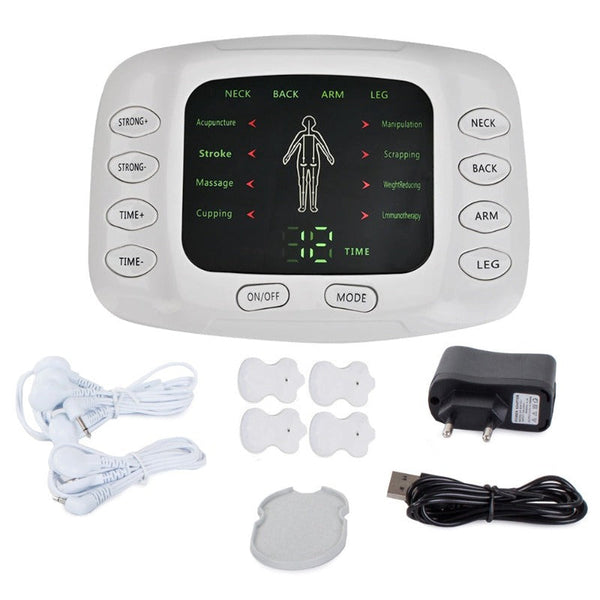 Aparat de Masaj, cu Electrostimulare/Fizioterapie, Stimulator, 8 Programe De Masaj, 4 Electrozi, 15 Niveluri de Intensitate, pentru Ameliorarea Durerii de Spate, Gat, Maini, Picioare, Recuperare Fizica, Relaxare, Display Digital, Timer, Alb
