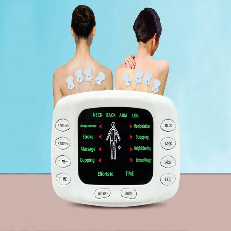 Aparat de Masaj, cu Electrostimulare/Fizioterapie, Stimulator, 8 Programe De Masaj, 4 Electrozi, 15 Niveluri de Intensitate, pentru Ameliorarea Durerii de Spate, Gat, Maini, Picioare, Recuperare Fizica, Relaxare, Display Digital, Timer, Alb