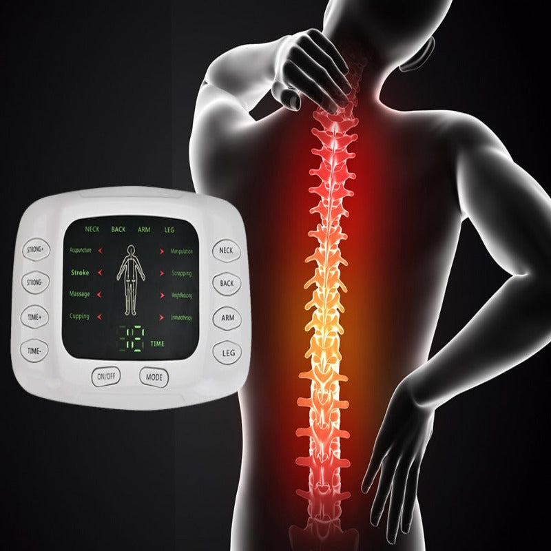 Aparat de Masaj, cu Electrostimulare/Fizioterapie, Stimulator, 8 Programe De Masaj, 4 Electrozi, 15 Niveluri de Intensitate, pentru Ameliorarea Durerii de Spate, Gat, Maini, Picioare, Recuperare Fizica, Relaxare, Display Digital, Timer, Alb