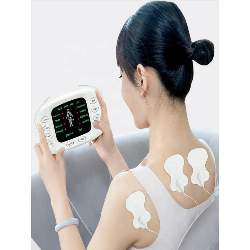 Aparat de Masaj, cu Electrostimulare/Fizioterapie, Stimulator, 8 Programe De Masaj, 4 Electrozi, 15 Niveluri de Intensitate, pentru Ameliorarea Durerii de Spate, Gat, Maini, Picioare, Recuperare Fizica, Relaxare, Display Digital, Timer, Alb