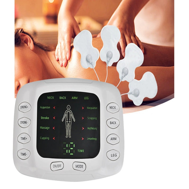 Aparat de Masaj, cu Electrostimulare/Fizioterapie, Stimulator, 8 Programe De Masaj, 4 Electrozi, 15 Niveluri de Intensitate, pentru Ameliorarea Durerii de Spate, Gat, Maini, Picioare, Recuperare Fizica, Relaxare, Display Digital, Timer, Alb