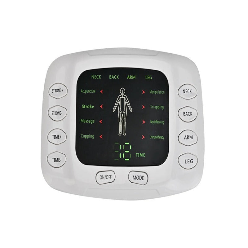 Aparat de Masaj, cu Electrostimulare/Fizioterapie, Stimulator, 8 Programe De Masaj, 4 Electrozi, 15 Niveluri de Intensitate, pentru Ameliorarea Durerii de Spate, Gat, Maini, Picioare, Recuperare Fizica, Relaxare, Display Digital, Timer, Alb