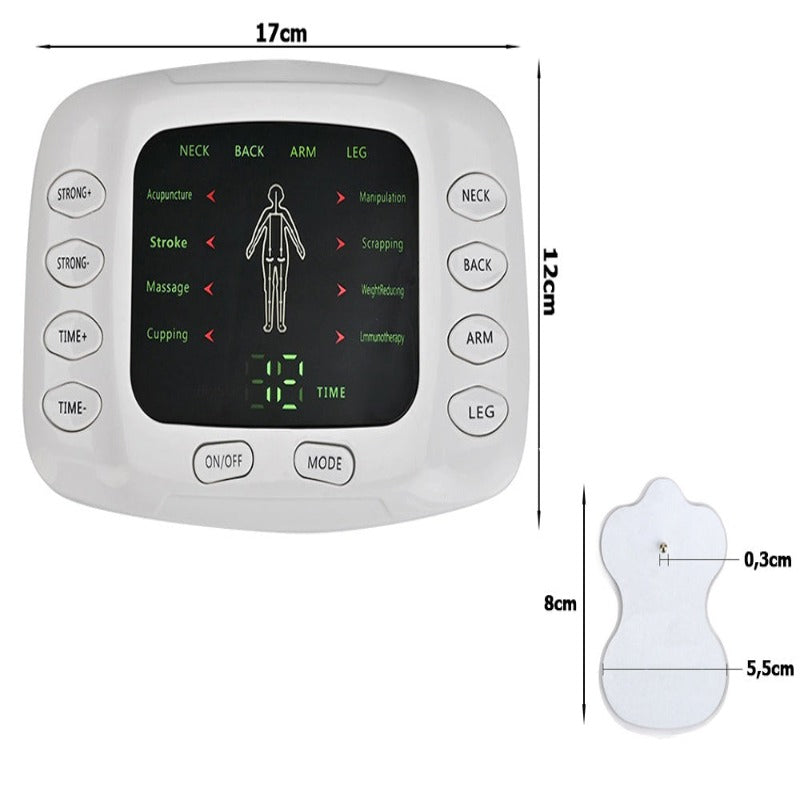 Aparat de Masaj, cu Electrostimulare/Fizioterapie, Stimulator, 8 Programe De Masaj, 4 Electrozi, 15 Niveluri de Intensitate, pentru Ameliorarea Durerii de Spate, Gat, Maini, Picioare, Recuperare Fizica, Relaxare, Display Digital, Timer, Alb