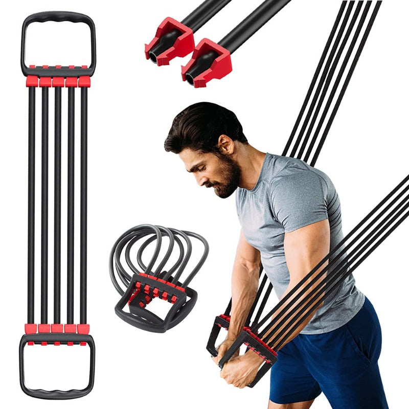 Extensor Fitness, cu 5 Corzi Elastice si Manere, Reglabil 8-40 kg, din Cauciuc, pentru Antrenament Acasa, Sala, Recuperare Fizica, Piept, Biceps, Triceps, Umeri, Spate, Flexibil, Usor de Utilizat, 67 cm, Negru