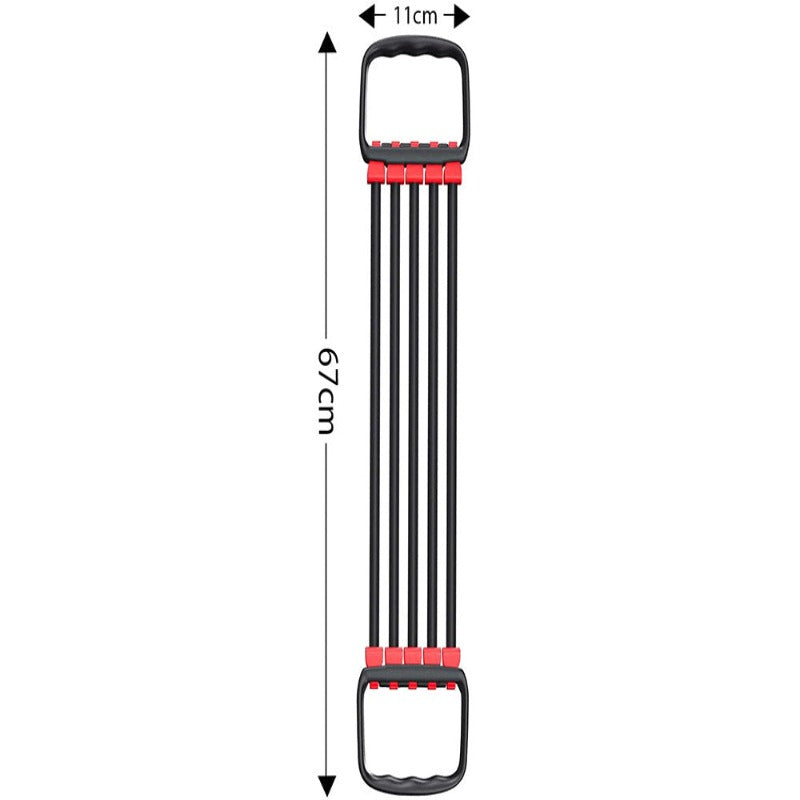 Extensor Fitness, cu 5 Corzi Elastice si Manere, Reglabil 8-40 kg, din Cauciuc, pentru Antrenament Acasa, Sala, Recuperare Fizica, Piept, Biceps, Triceps, Umeri, Spate, Flexibil, Usor de Utilizat, 67 cm, Negru