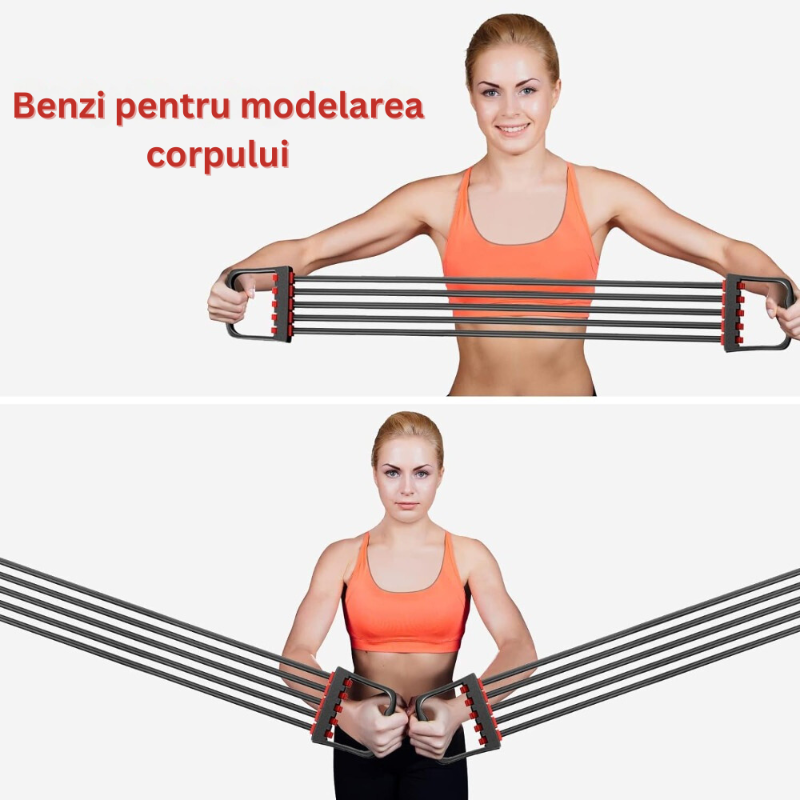Extensor Fitness, cu 5 Corzi Elastice si Manere, Reglabil 8-40 kg, din Cauciuc, pentru Antrenament Acasa, Sala, Recuperare Fizica, Piept, Biceps, Triceps, Umeri, Spate, Flexibil, Usor de Utilizat, 67 cm, Negru