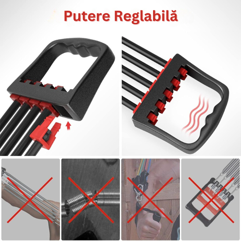 Extensor Fitness, cu 5 Corzi Elastice si Manere, Reglabil 8-40 kg, din Cauciuc, pentru Antrenament Acasa, Sala, Recuperare Fizica, Piept, Biceps, Triceps, Umeri, Spate, Flexibil, Usor de Utilizat, 67 cm, Negru