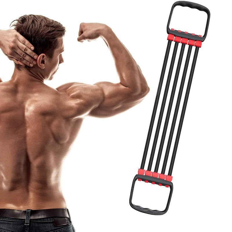 Extensor Fitness, cu 5 Corzi Elastice si Manere, Reglabil 8-40 kg, din Cauciuc, pentru Antrenament Acasa, Sala, Recuperare Fizica, Piept, Biceps, Triceps, Umeri, Spate, Flexibil, Usor de Utilizat, 67 cm, Negru
