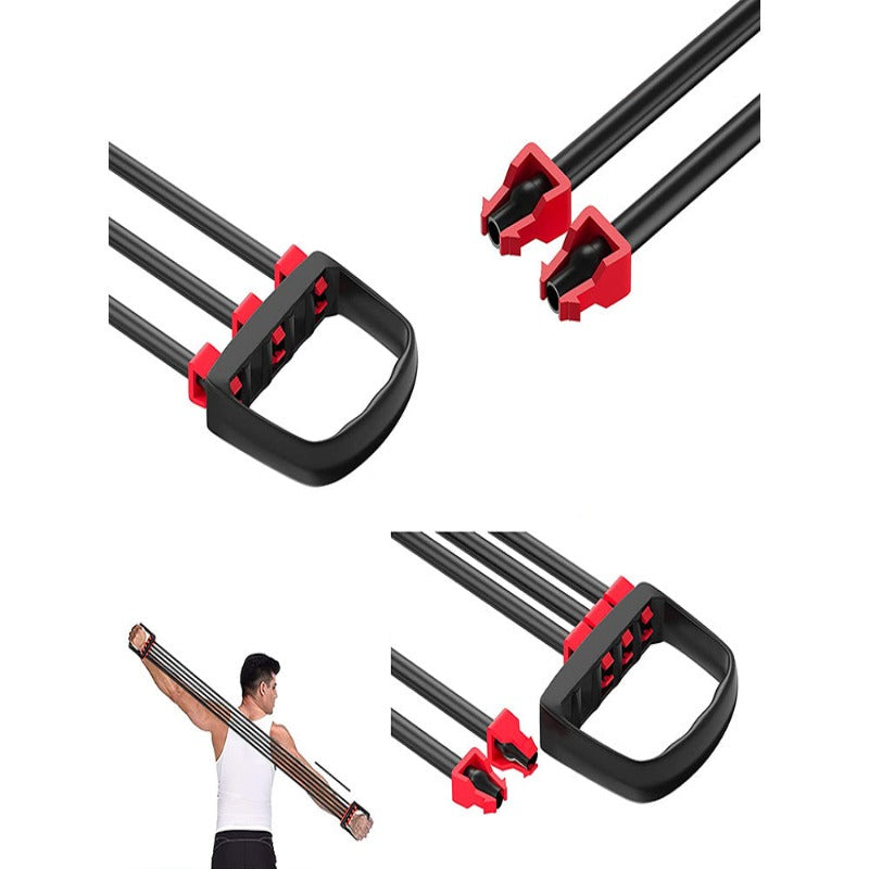 Extensor Fitness, cu 5 Corzi Elastice si Manere, Reglabil 8-40 kg, din Cauciuc, pentru Antrenament Acasa, Sala, Recuperare Fizica, Piept, Biceps, Triceps, Umeri, Spate, Flexibil, Usor de Utilizat, 67 cm, Negru