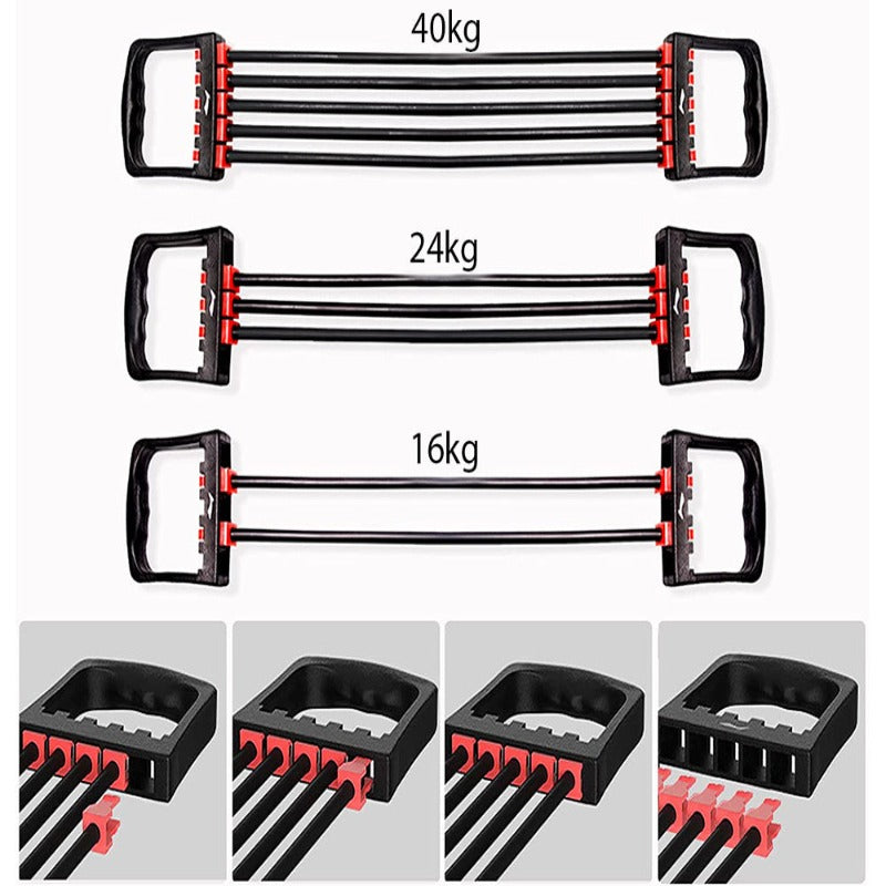 Extensor Fitness, cu 5 Corzi Elastice si Manere, Reglabil 8-40 kg, din Cauciuc, pentru Antrenament Acasa, Sala, Recuperare Fizica, Piept, Biceps, Triceps, Umeri, Spate, Flexibil, Usor de Utilizat, 67 cm, Negru