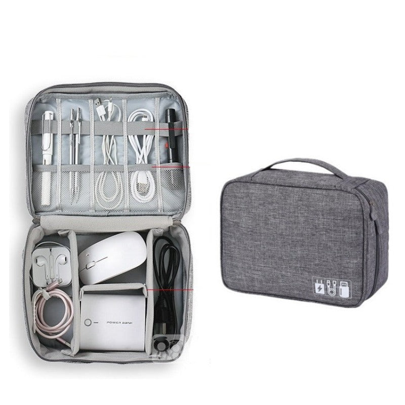 Geanta Organizator Accesorii Electronice Voiaj, Rezistenta la Apa, pentru Calatorie, Depozitare Cabluri, Hard Disk, SSD, Adaptoare, Mouse, Casti, Baterie Externa, Inchidere Fermoar, Separatoare Reglabile, Maner Transport, 24.5 x 18.5 cm, Gri