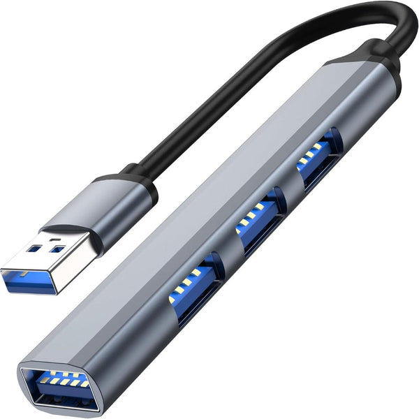 Hub Adaptor USB Multiport 4 in 1, USB 3.0, Plug&Play, Compatibil cu Macbook, Laptop, PC, Protectie Supracurent, Portabil, din Aluminiu, Cablu 14 cm, Gri