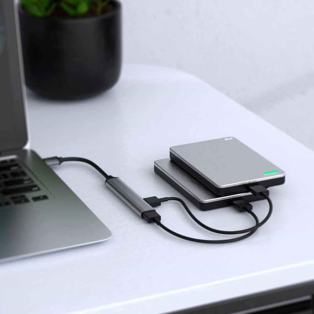 Hub Adaptor USB Multiport 4 in 1, USB 3.0, Plug&Play, Compatibil cu Macbook, Laptop, PC, Protectie Supracurent, Portabil, din Aluminiu, Cablu 14 cm, Gri