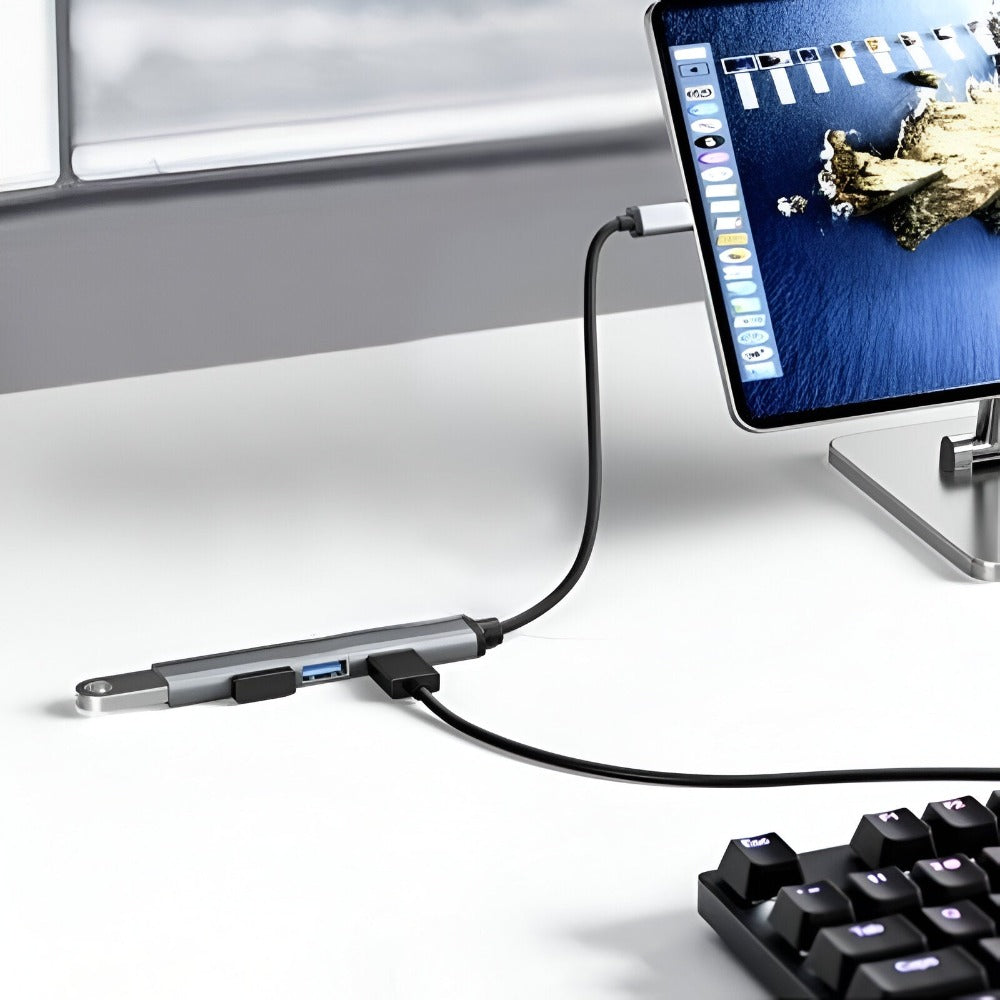 Hub Adaptor USB Multiport 4 in 1, USB 3.0, Plug&Play, Compatibil cu Macbook, Laptop, PC, Protectie Supracurent, Portabil, din Aluminiu, Cablu 14 cm, Gri