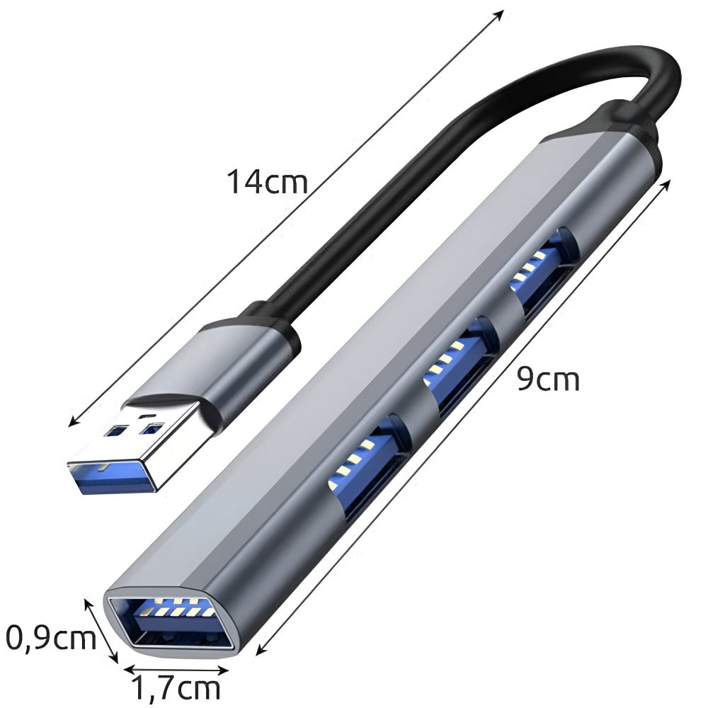 Hub Adaptor USB Multiport 4 in 1, USB 3.0, Plug&Play, Compatibil cu Macbook, Laptop, PC, Protectie Supracurent, Portabil, din Aluminiu, Cablu 14 cm, Gri