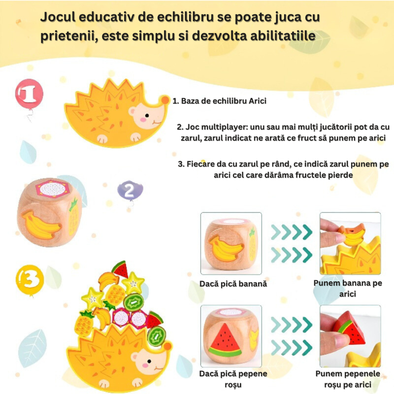 Joc Educativ de Echilibru Arici, cu Fructe Colorate, Stivuit, Lemn Montessori, 12 Piese, Zar si Snur, Dezvolta Coordonarea Mana-Ochi, Dexteritatea si Indemanarea, Lemn Vopsit cu Lacuri non-toxice, pentru Copii, + 3 ani, 18 x 12 cm, Multicolor