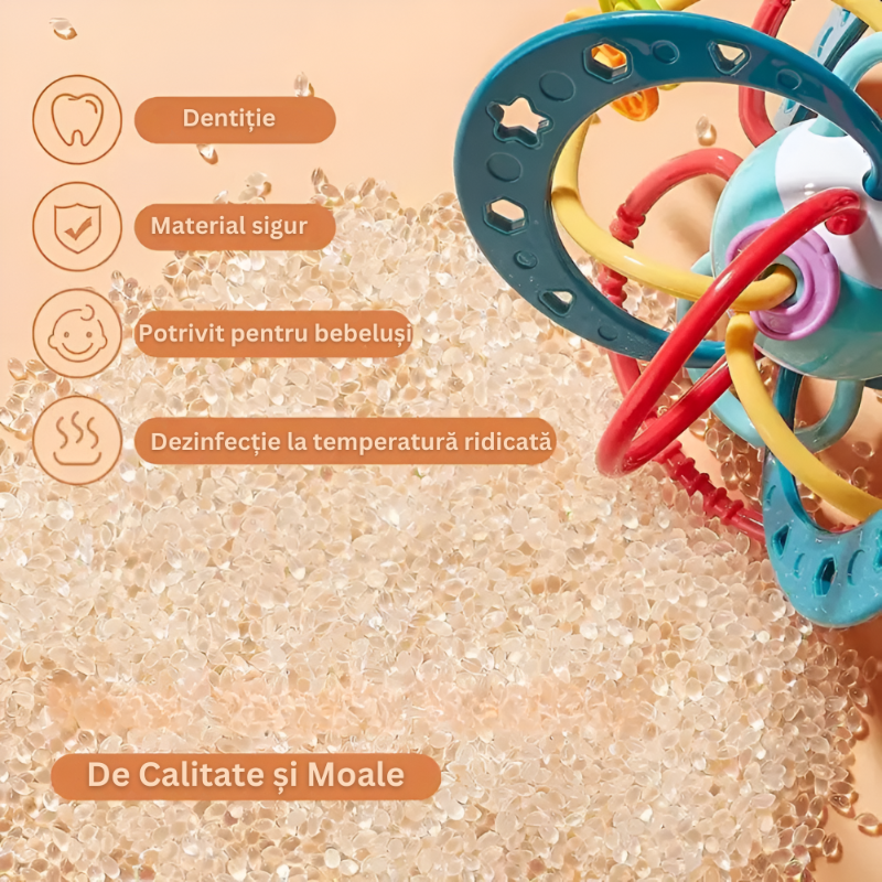 Jucarie Zornaitoare Bebelusi, Minge cu Inele, Materiale Non-Toxice, pentru Dentitie si Motricitate, Prindere Usoara, Coordonarea Mana-Ochi, Unisex, 0-24 luni, Multicolor