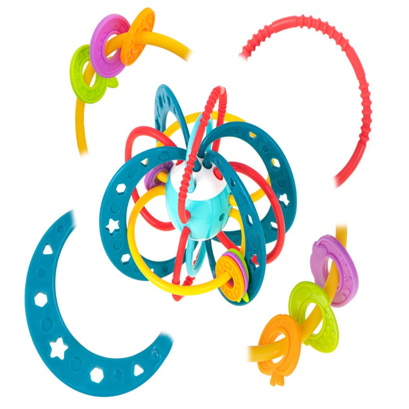 Jucarie Zornaitoare Bebelusi, Minge cu Inele, Materiale Non-Toxice, pentru Dentitie si Motricitate, Prindere Usoara, Coordonarea Mana-Ochi, Unisex, 0-24 luni, Multicolor