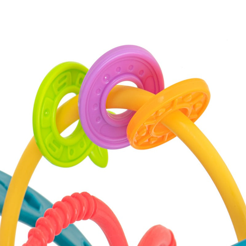 Jucarie Zornaitoare Bebelusi, Minge cu Inele, Materiale Non-Toxice, pentru Dentitie si Motricitate, Prindere Usoara, Coordonarea Mana-Ochi, Unisex, 0-24 luni, Multicolor