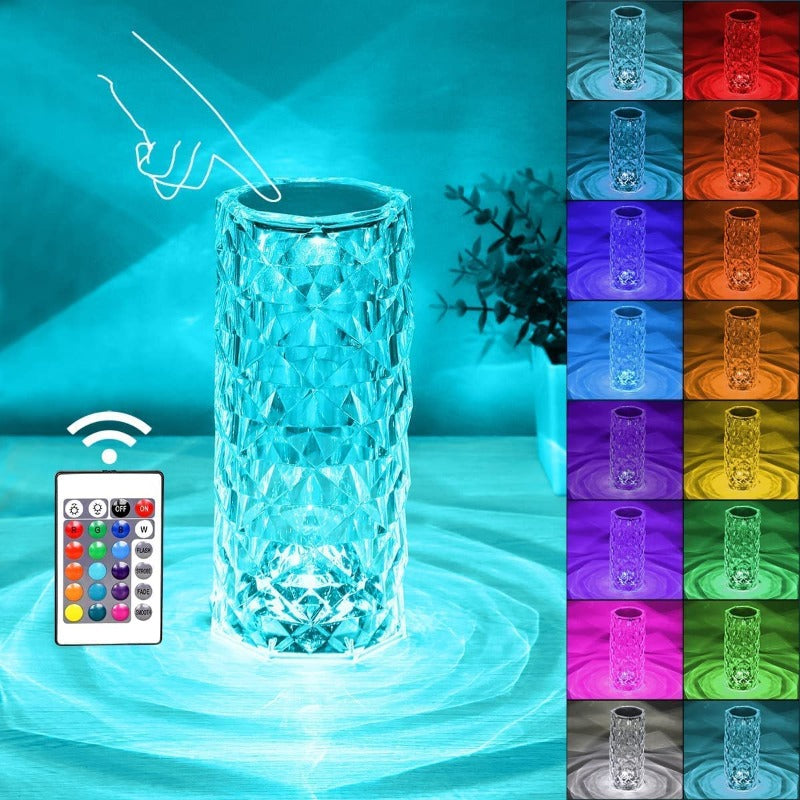 Lampa Ambientala LED, cu Telecomanda, Control prin Atingere, 16 Moduri Iluminare, Cristal Acrilic, pentru Decor, Masa, Birou, Cablu USB Inclus, 21.5 x 9 cm, Transparent
