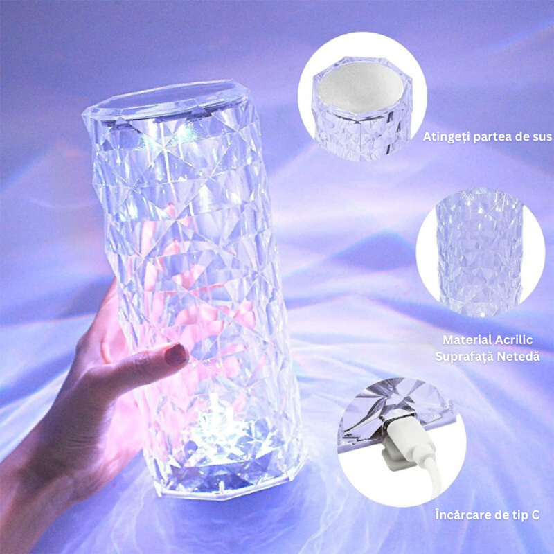 Lampa Ambientala LED, cu Telecomanda, Control prin Atingere, 16 Moduri Iluminare, Cristal Acrilic, pentru Decor, Masa, Birou, Cablu USB Inclus, 21.5 x 9 cm, Transparent