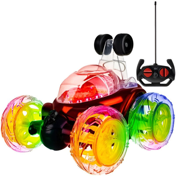 Masina de Jucarie Acrobata cu Telecomanda RC, Sunete Interactive, Lumina LED Colorata, 6 Roti, Cauciucuri Rezistente, Rotire 360° Cascadorii, Controler cu Butoane 40 MHz, Baterie Reincarcabila, pentru Copii, Cablu Inclus, 13 x 15 x 13 cm, Rosu