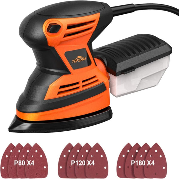 Masina de Slefuit Triunghiulara, 12 Bucati de Smirghel, 13.500 rpm, 130W, Sistem de Racire si Fixare, Cutie de Colectare a Prafului, pentru Lemn, Metal, Indepartare Rugina, Vopsea, Negru/Portocaliu
