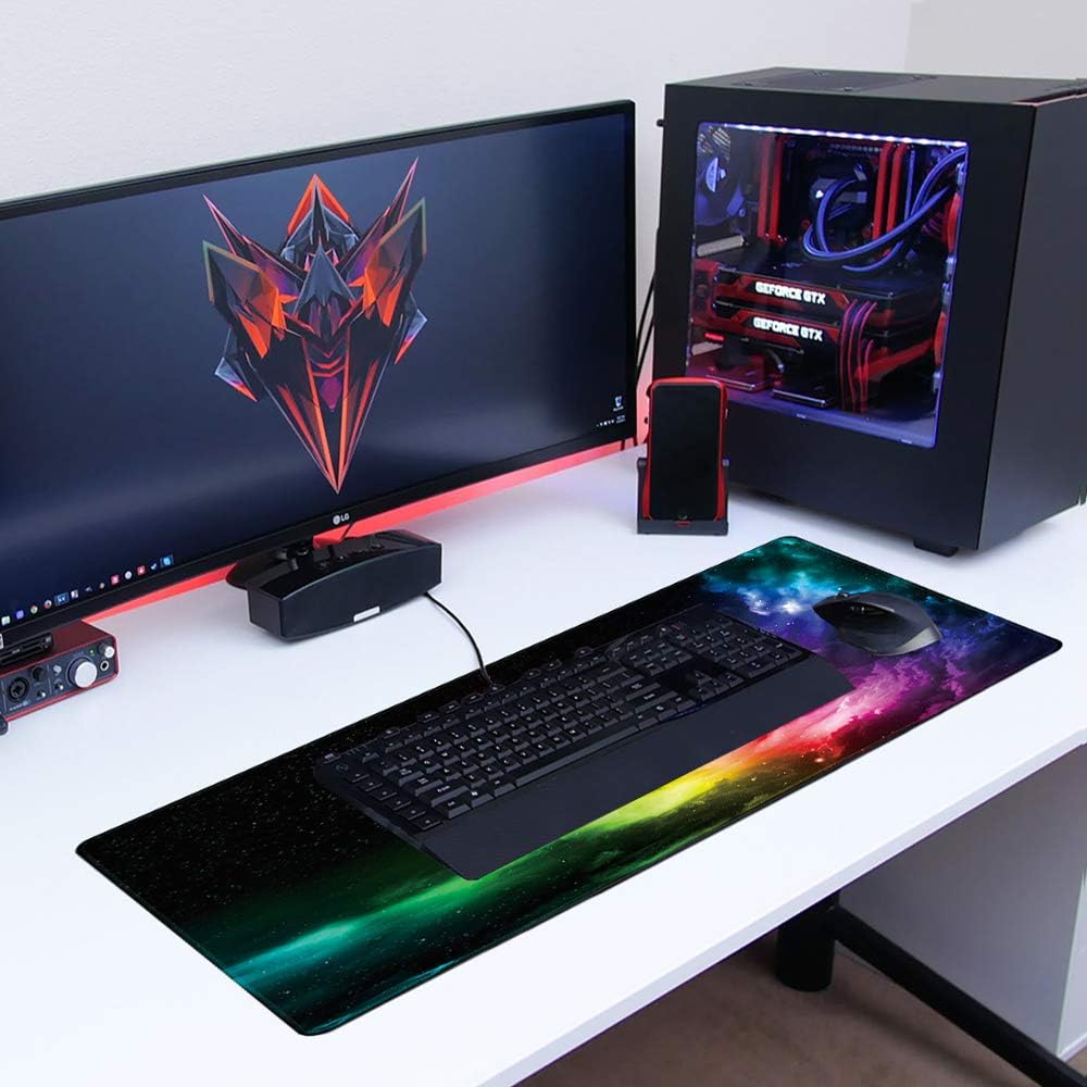Mousepad Mare Cauciucat pentru Gaming, Birou, Office, Antiderapant, Cusaturi Anti-Rupere, Waterproof, model Galaxie, 80 x 30cm, Negru