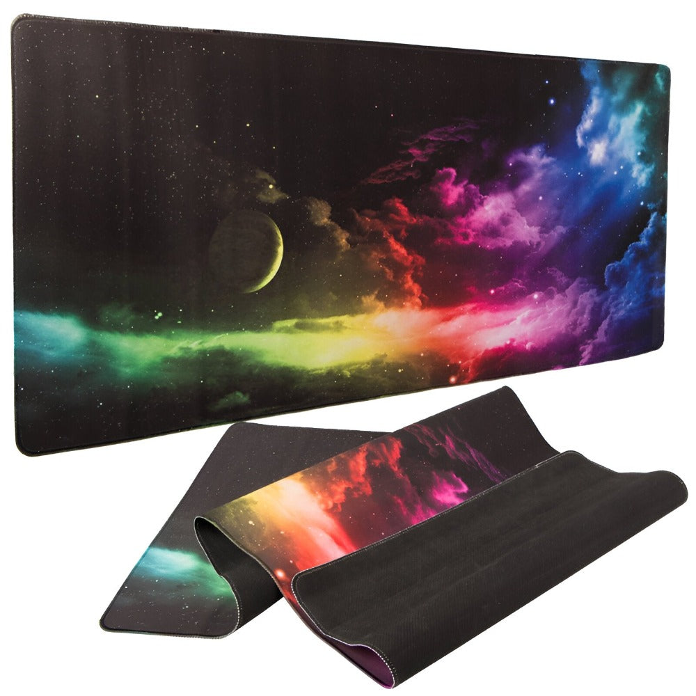 Mousepad Mare Cauciucat pentru Gaming, Birou, Office, Antiderapant, Cusaturi Anti-Rupere, Waterproof, model Galaxie, 80 x 30cm, Negru