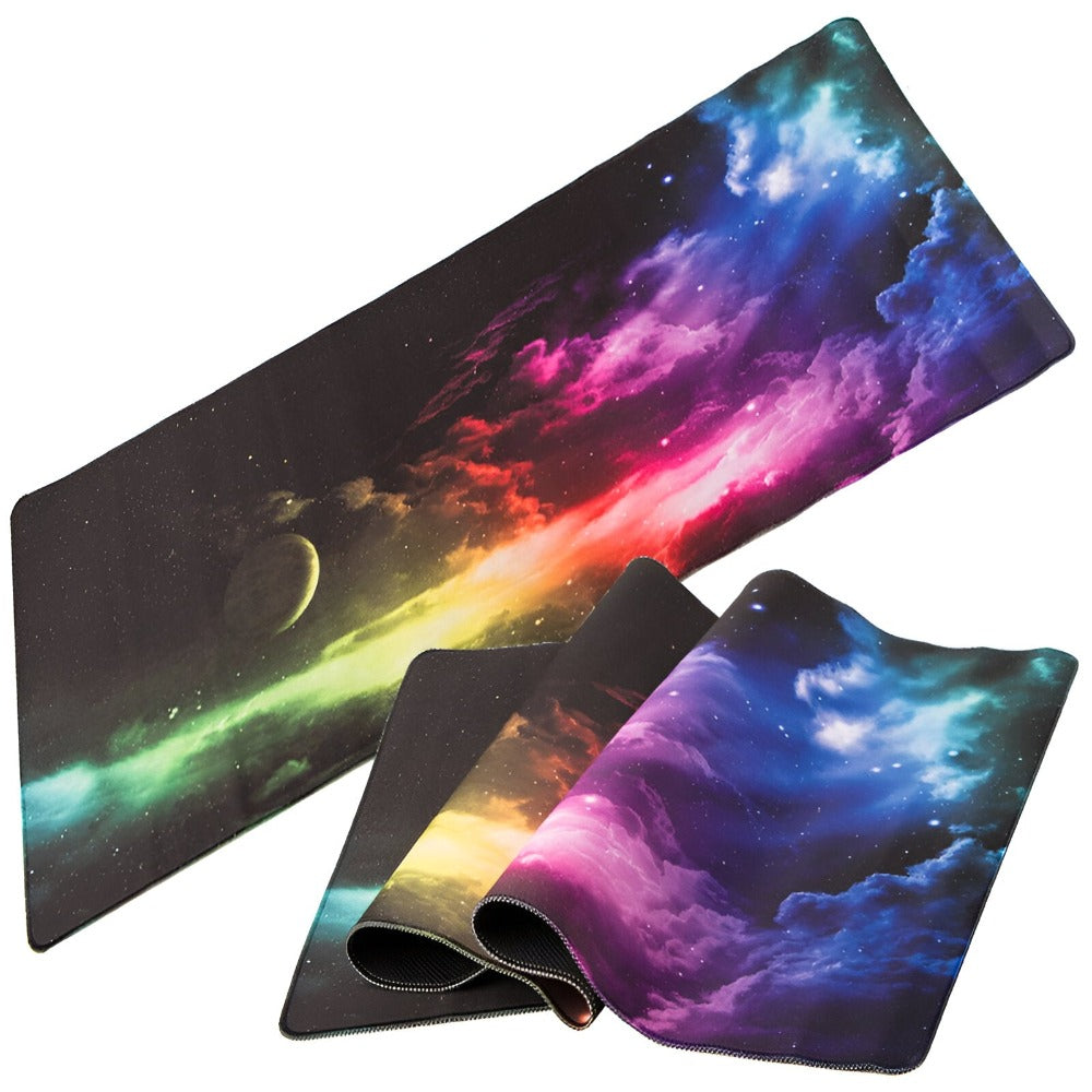 Mousepad Mare Cauciucat pentru Gaming, Birou, Office, Antiderapant, Cusaturi Anti-Rupere, Waterproof, model Galaxie, 80 x 30cm, Negru