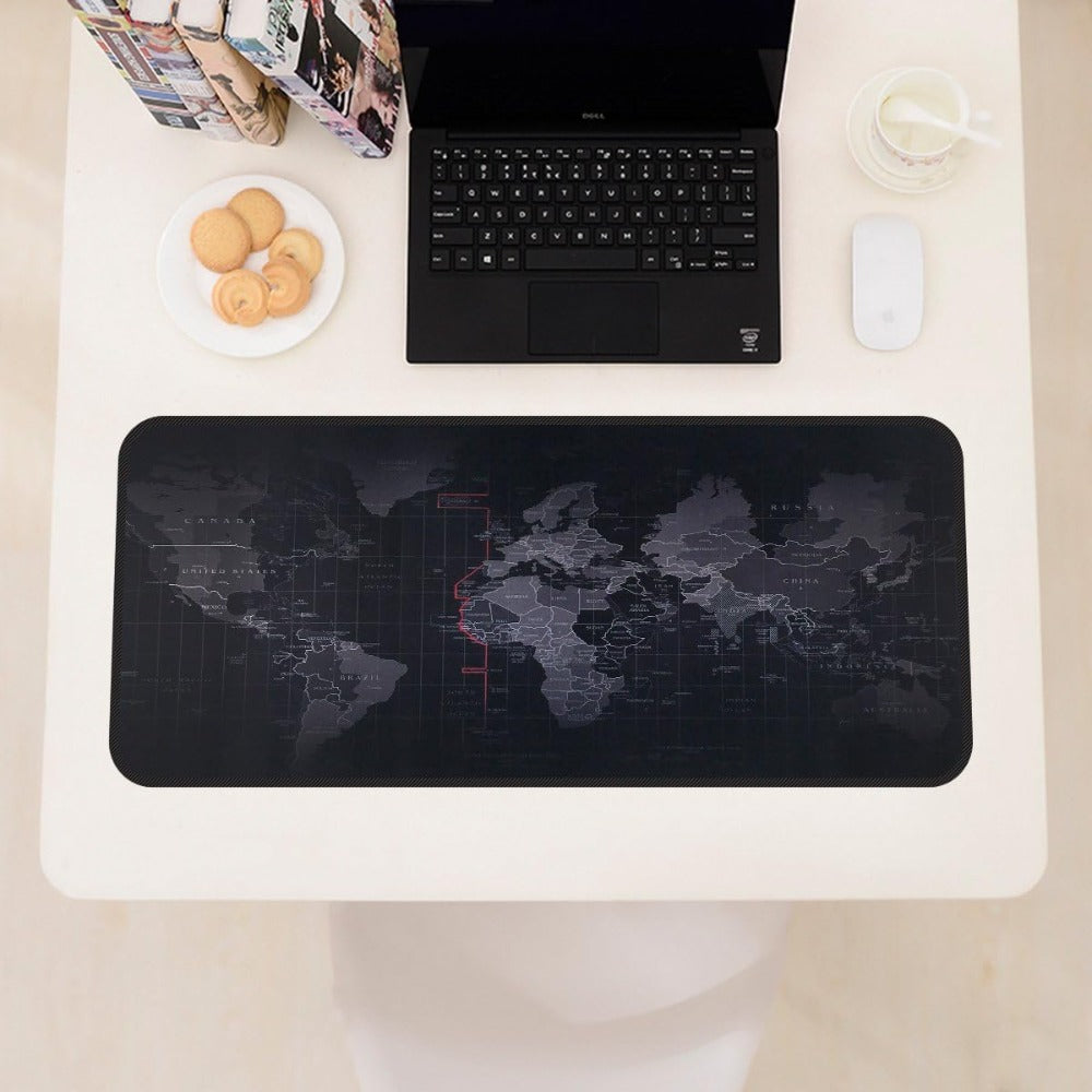 Mousepad Mare Cauciucat pentru Gaming, Birou, Office, Antiderapant, Cusaturi Anti-Rupere, Waterproof, model Harta Lumii, 80 x 30cm, Negru