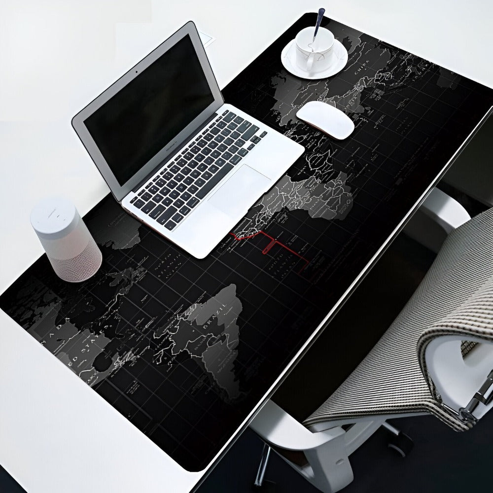 Mousepad Mare Cauciucat pentru Gaming, Birou, Office, Antiderapant, Cusaturi Anti-Rupere, Waterproof, model Harta Lumii, 80 x 30cm, Negru
