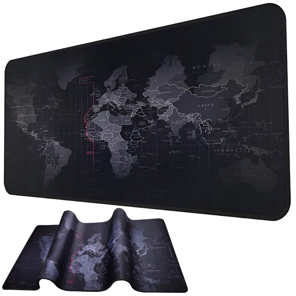 Mousepad Mare Cauciucat pentru Gaming, Birou, Office, Antiderapant, Cusaturi Anti-Rupere, Waterproof, model Harta Lumii, 80 x 30cm, Negru