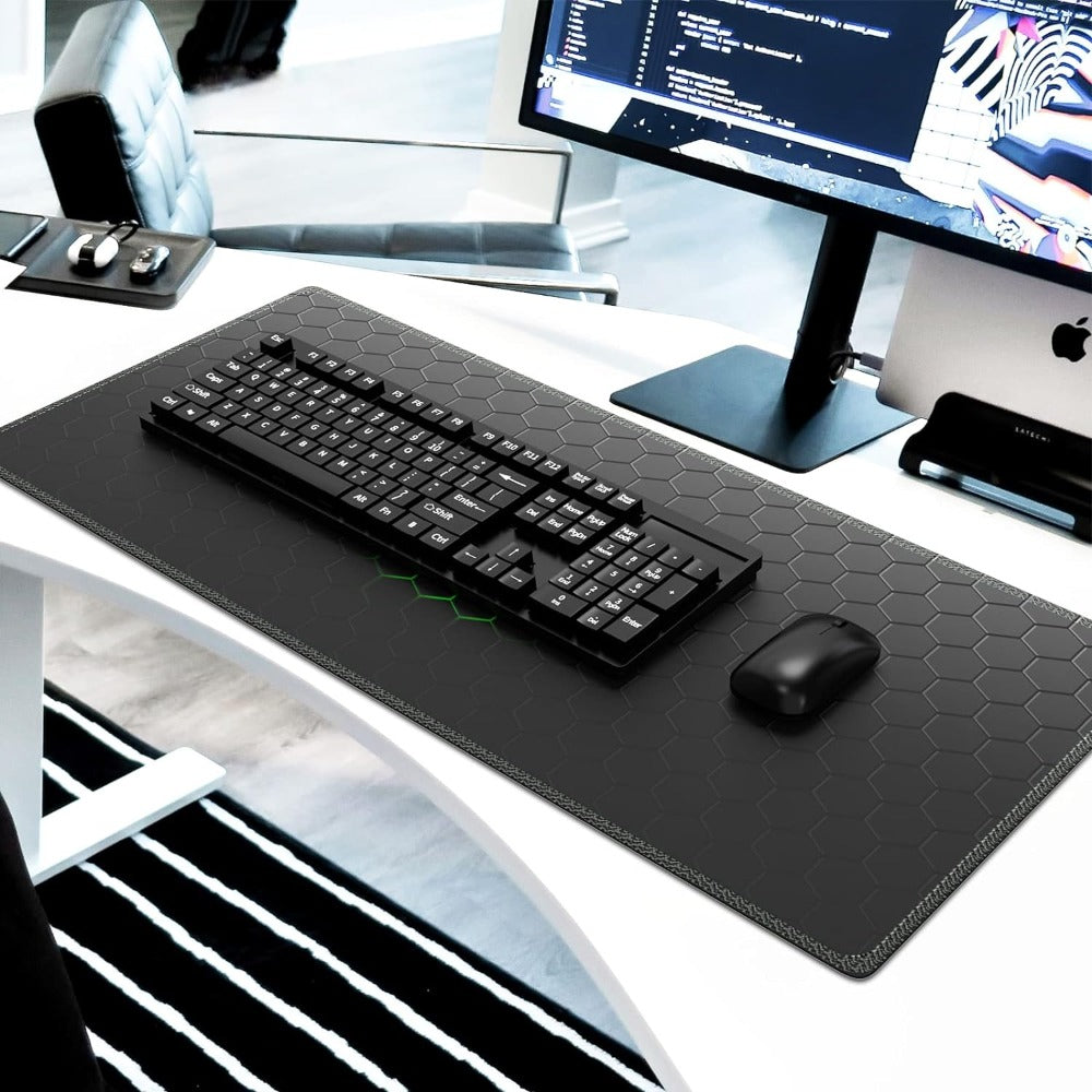 Mousepad Mare Cauciucat pentru Gaming, Birou, Office, Antiderapant, Cusaturi Anti-Rupere, Waterproof, model Honeycomb, 80 x 30cm, Negru/Verde